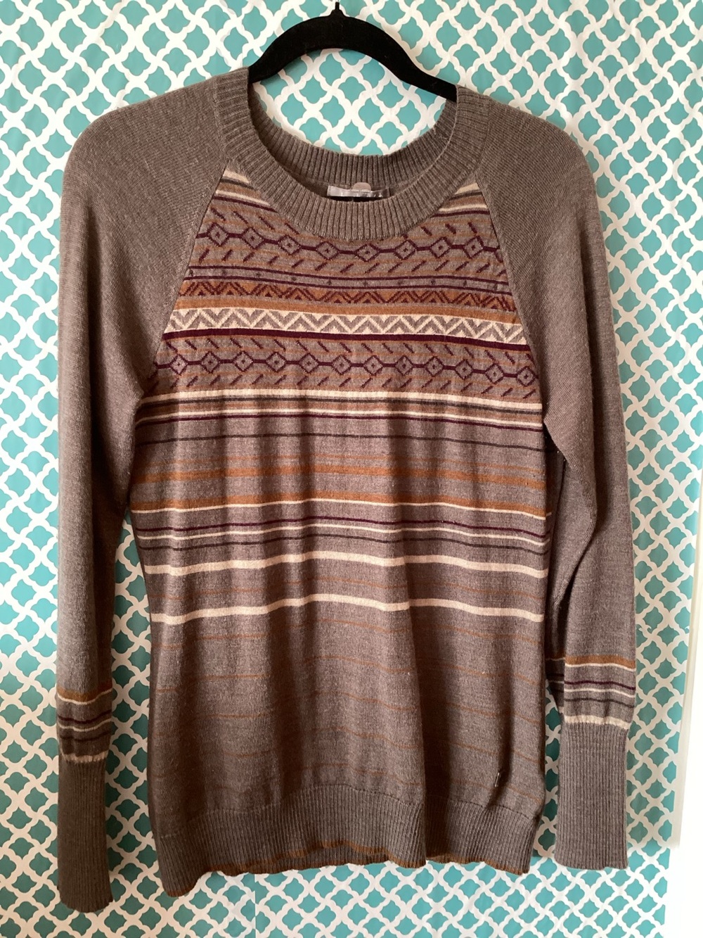 Smart Wool Neutral Taupe Patterned Knit Women's Sweater Size Large Wool Blend